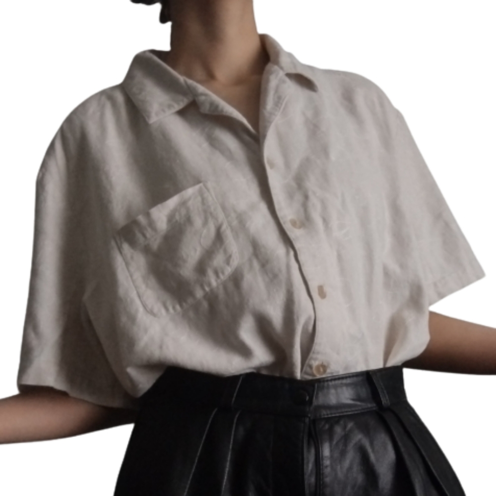 Vintage Linen Minimalist Short Sleeve Button Front Shirt Blouse Top